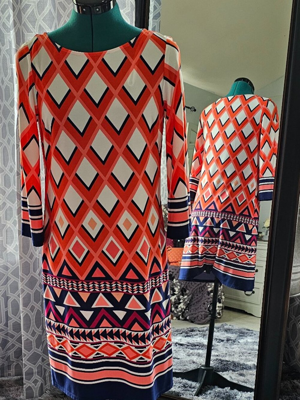 Laura Jeffries Geometric Print Border‑Hem Shift Dress – Size 8
